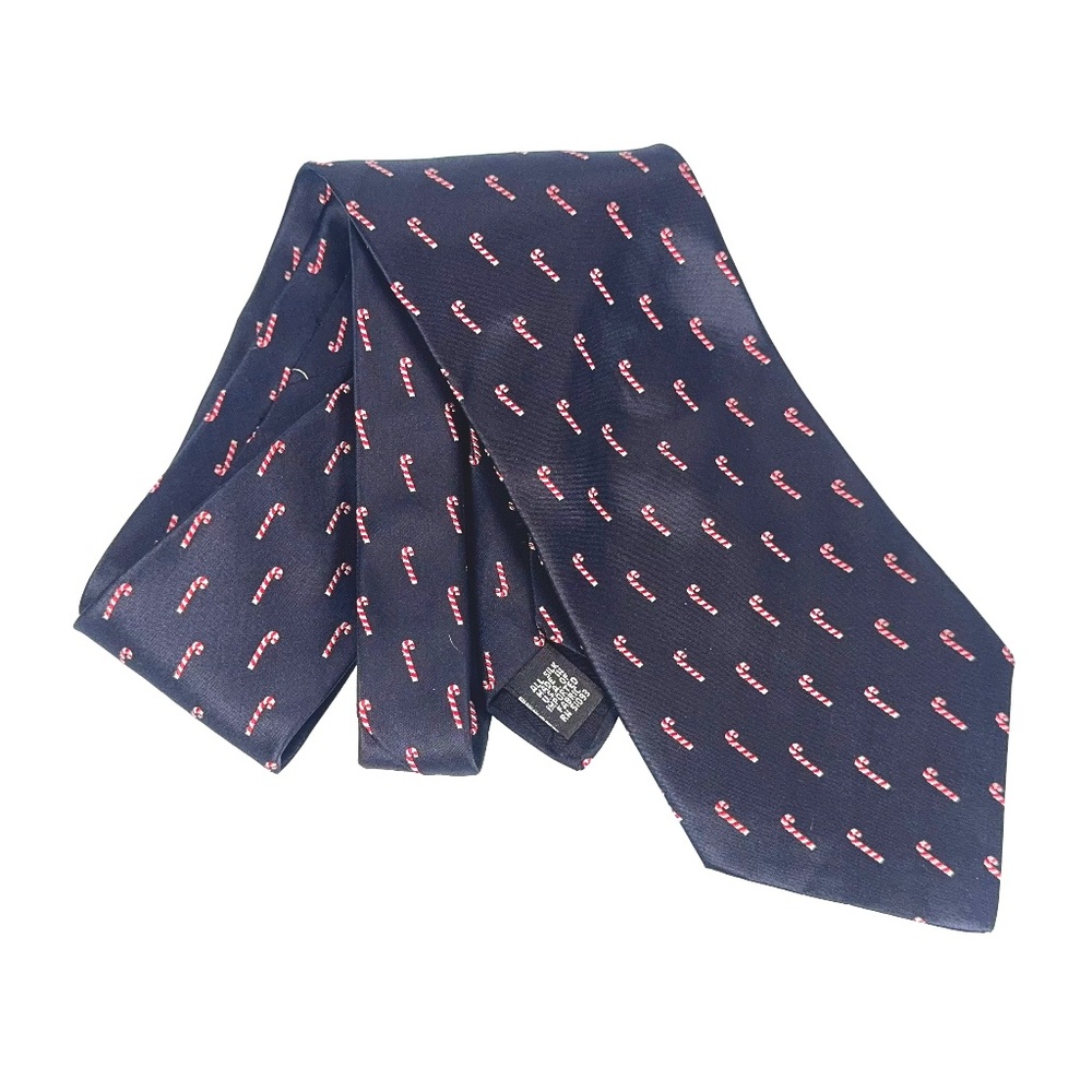 Holiday Traditions Christmas Tie Candy Cane Pattern Silk USA 4" x 58.5" Navy
